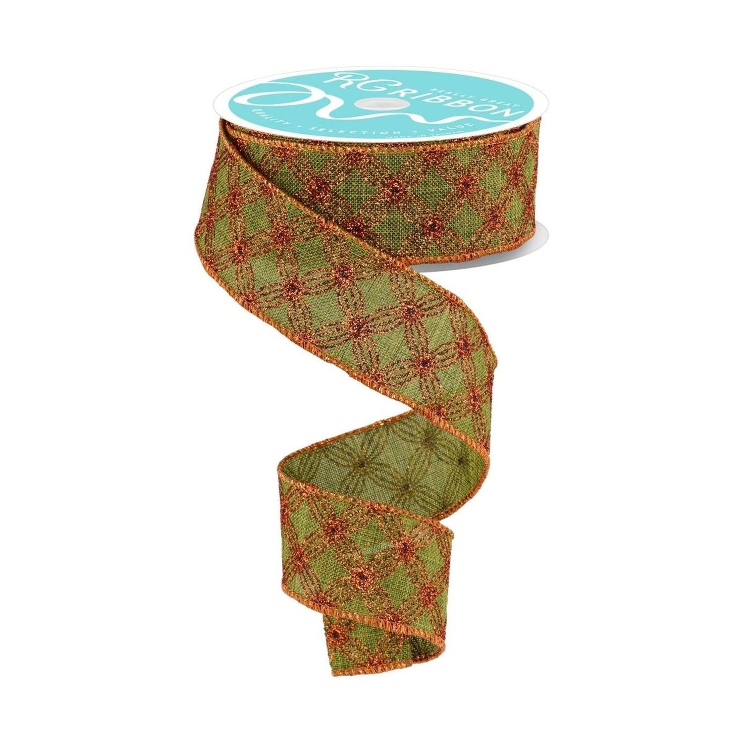 1.5" Multi Circles and Dots Ribbon: Green/Copper (10 Yards)