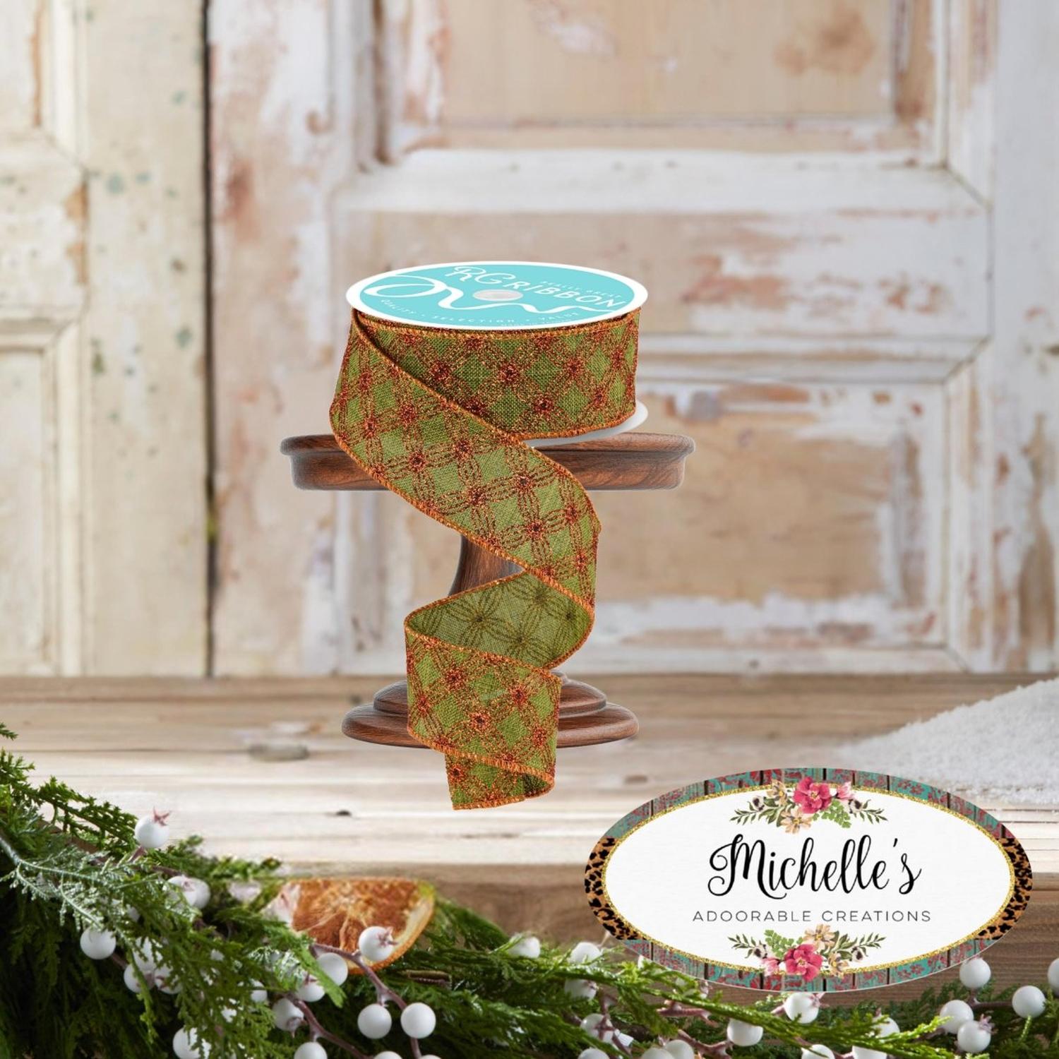 Shop For 1.5" Multi Circles and Dots Ribbon: Green/Copper (10 Yards)