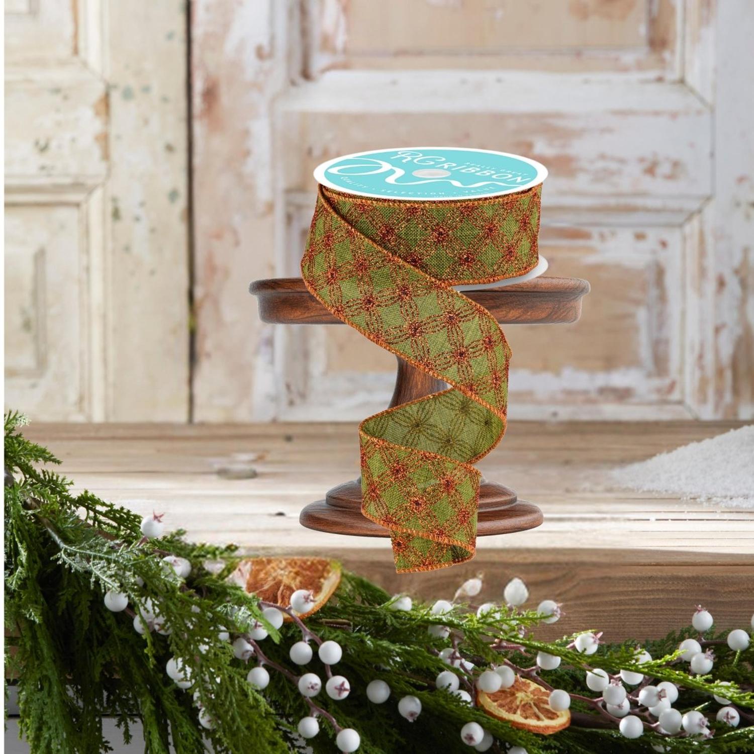 1.5" Multi Circles and Dots Ribbon: Green/Copper (10 Yards)