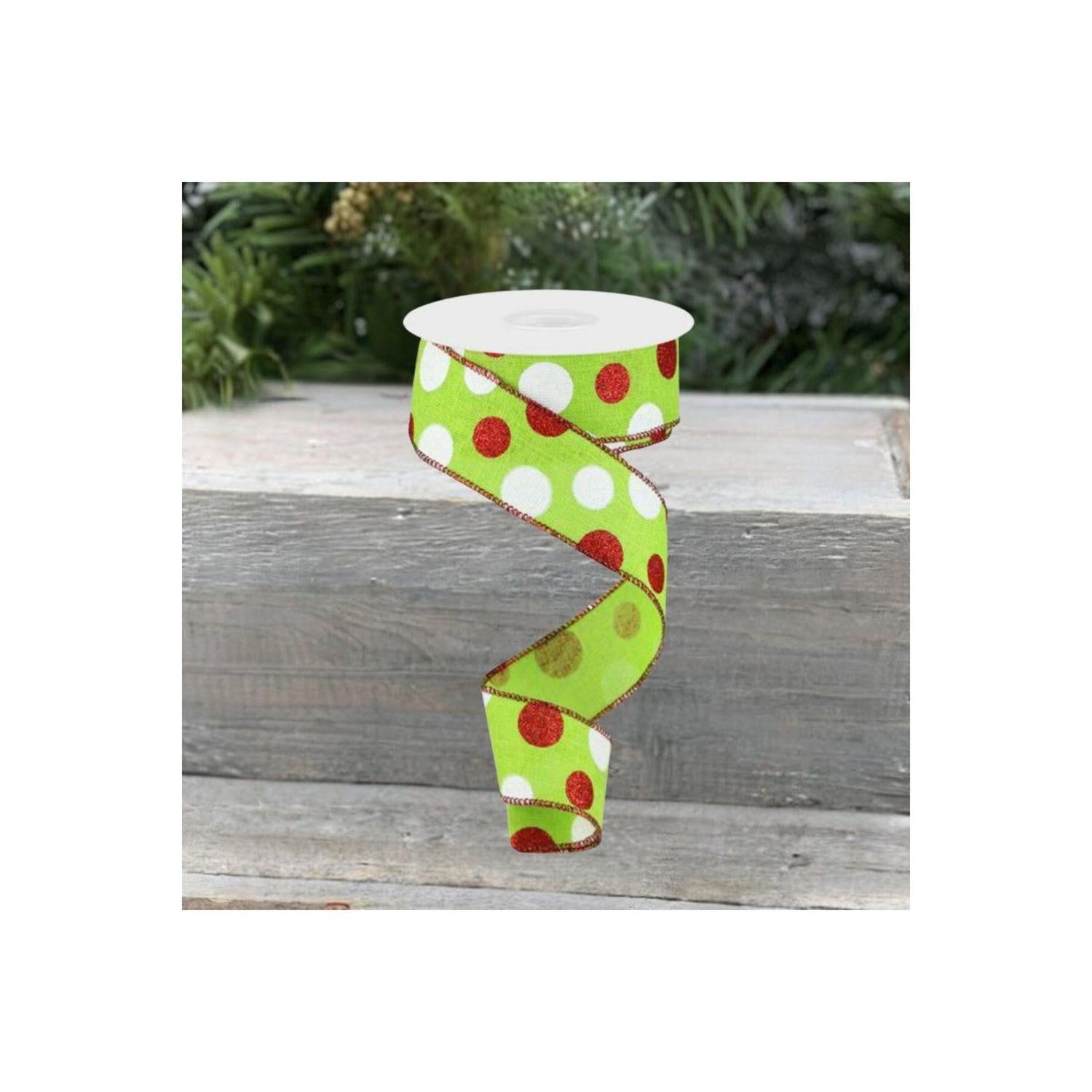 Shop For 1.5" Multi Glitter Dots Ribbon: Lime Green, Red, White (10 Yards)