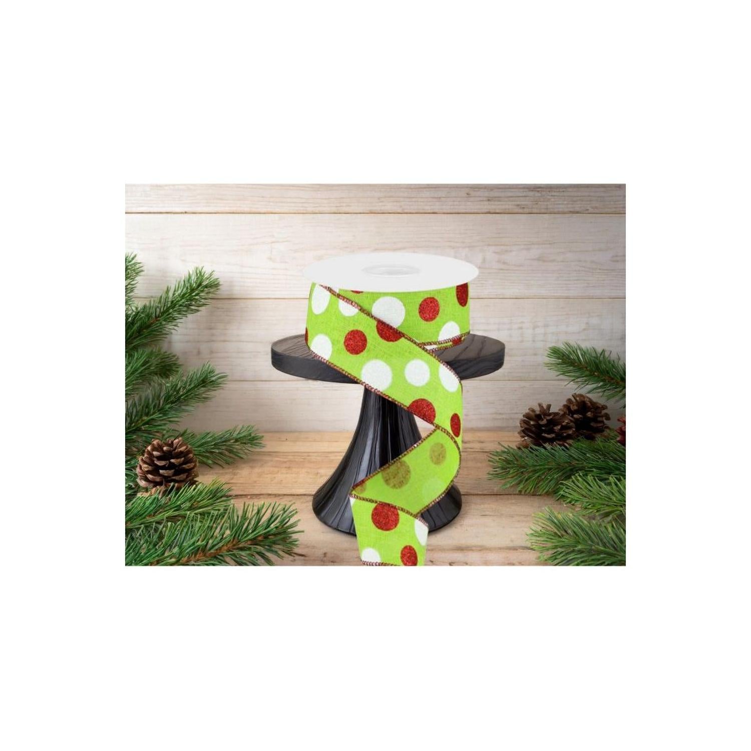 1.5" Multi Glitter Dots Ribbon: Lime Green, Red, White (10 Yards)