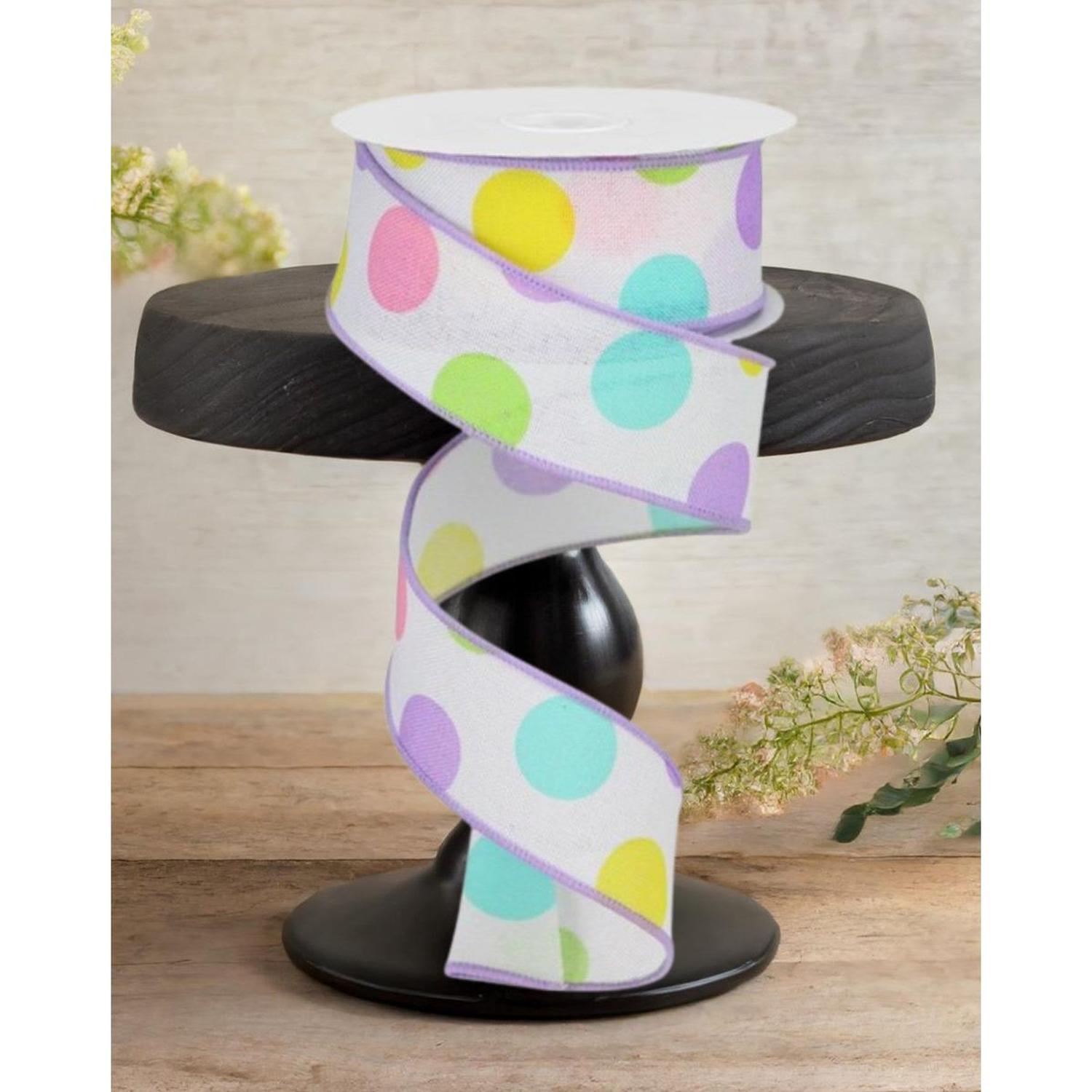 1.5" Multi Polka Dots on Royal Ribbon: White/Lavender (10 Yards)