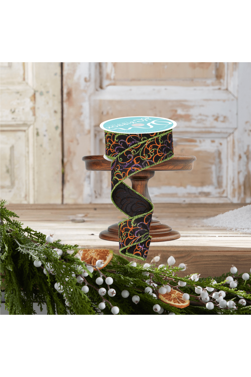 Shop For 1.5" Multi Swirls Glitter Ribbon: Black/Orange/Purple/Lime (10 Yard)