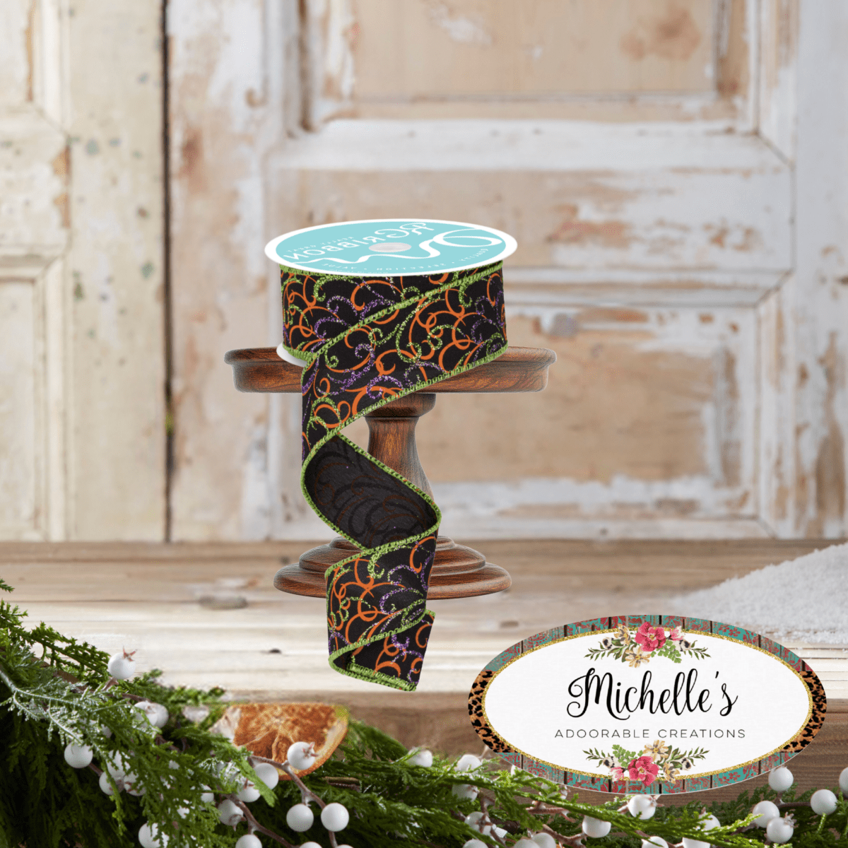 Shop For 1.5" Multi Swirls Glitter Ribbon: Black/Orange/Purple/Lime (10 Yard)