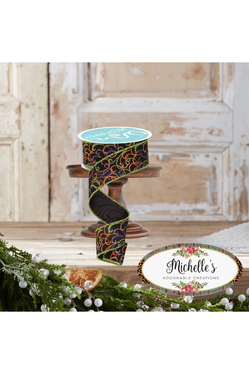 Shop For 1.5" Multi Swirls Glitter Ribbon: Black/Orange/Purple/Lime (10 Yard)