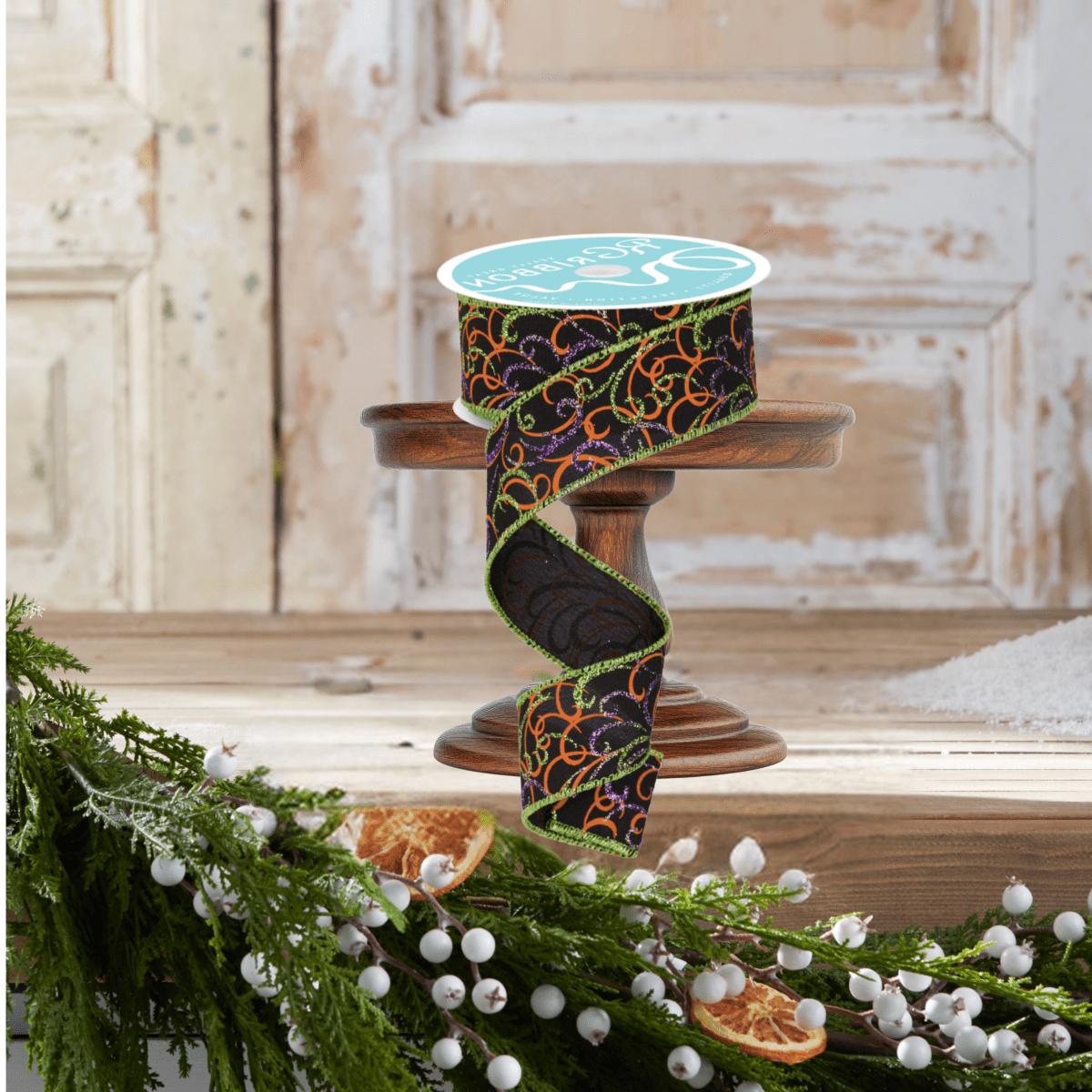 Shop For 1.5" Multi Swirls Glitter Ribbon: Black/Orange/Purple/Lime (10 Yard)