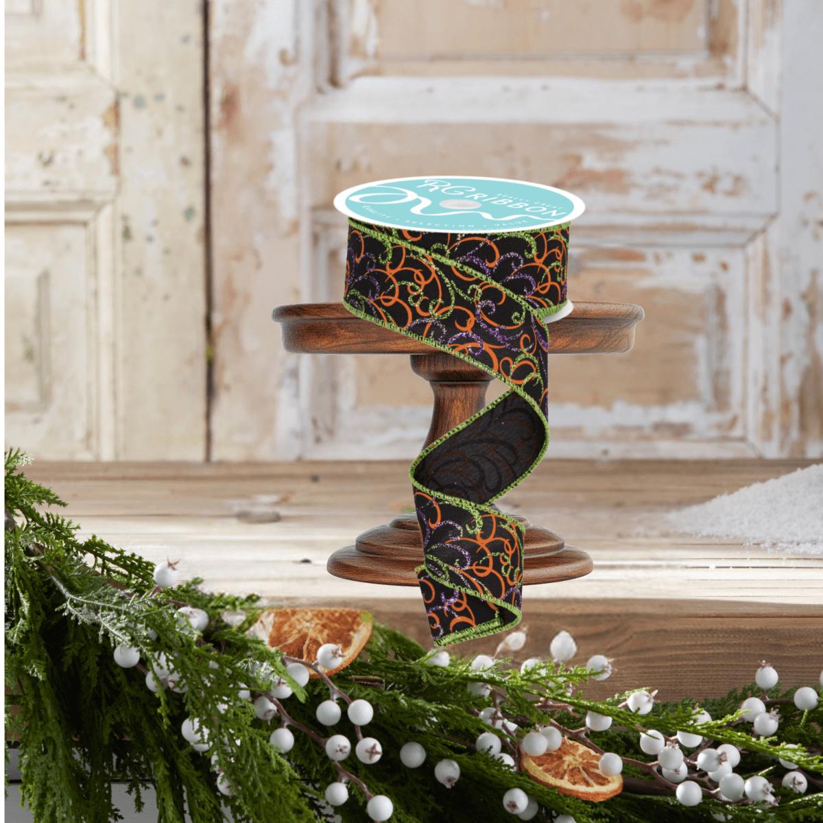 Shop For 1.5" Multi Swirls Glitter Ribbon: Black/Orange/Purple/Lime (10 Yard)