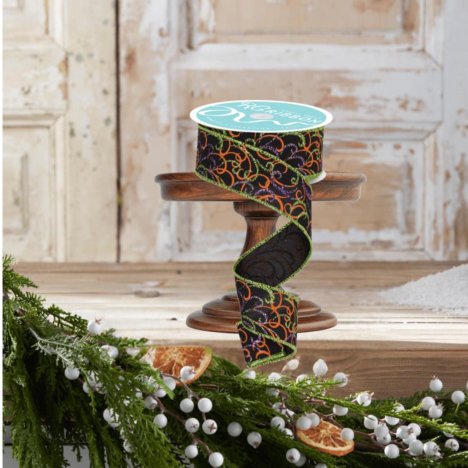 Shop For 1.5" Multi Swirls Glitter Ribbon: Black/Orange/Purple/Lime (10 Yard)