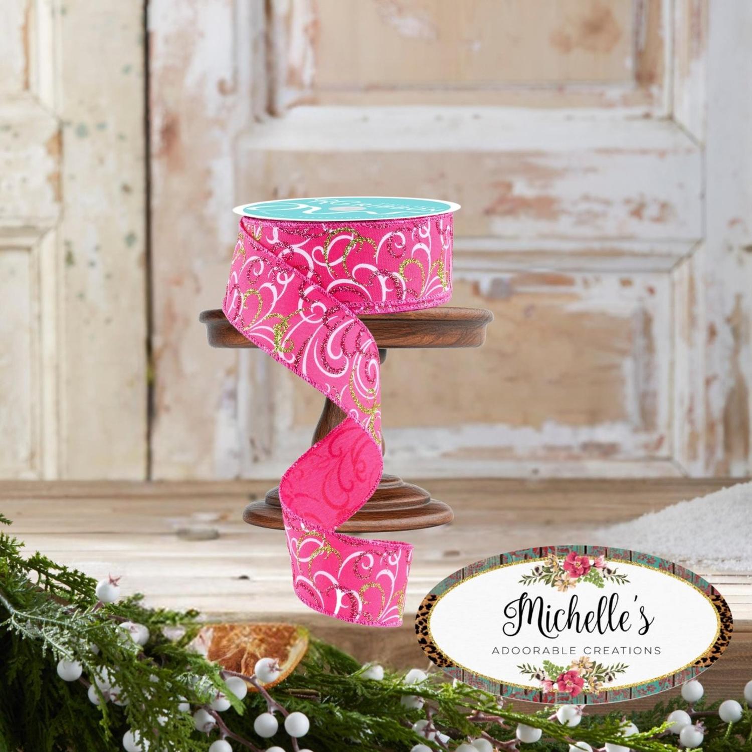 1.5" Multi Swirls Glitter Ribbon: Hot Pink/Lime/White (10 Yard)