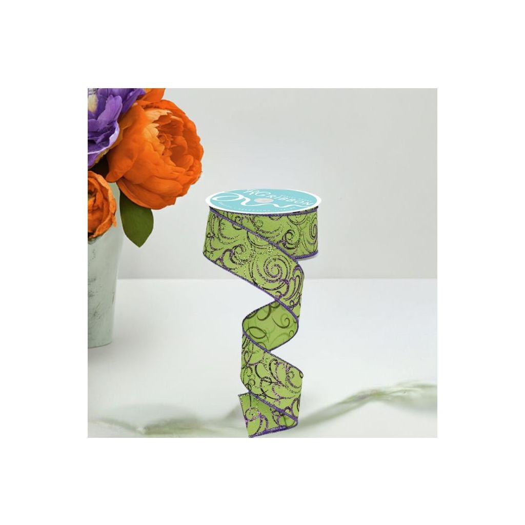 Shop For 1.5" Multi Swirls Glitter Ribbon: Lime Green/Purple (10 Yard) at Michelle's aDOORable Creations