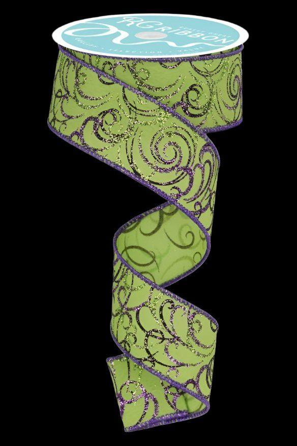 Shop For 1.5" Multi Swirls Glitter Ribbon: Lime Green/Purple (10 Yard) at Michelle's aDOORable Creations