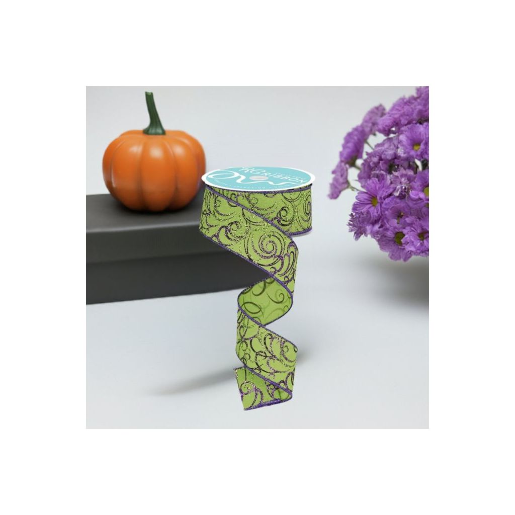 Shop For 1.5" Multi Swirls Glitter Ribbon: Lime Green/Purple (10 Yard) at Michelle's aDOORable Creations