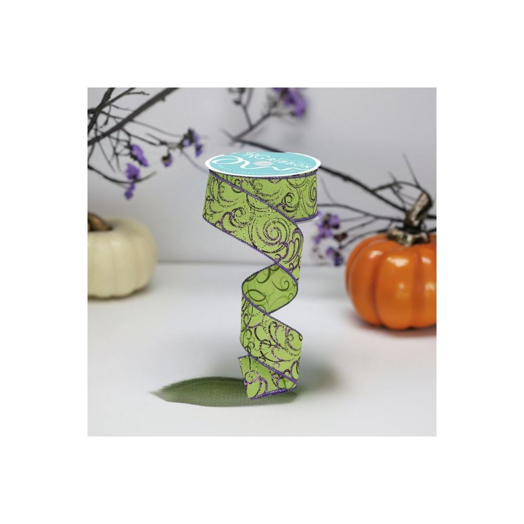 Shop For 1.5" Multi Swirls Glitter Ribbon: Lime Green/Purple (10 Yard) at Michelle's aDOORable Creations