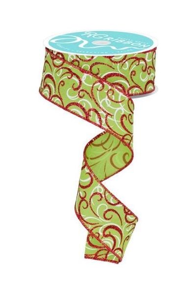 Shop For 1.5" Multi Swirls Glitter Ribbon: Lime Green/Red (10 Yard) at Michelle's aDOORable Creations