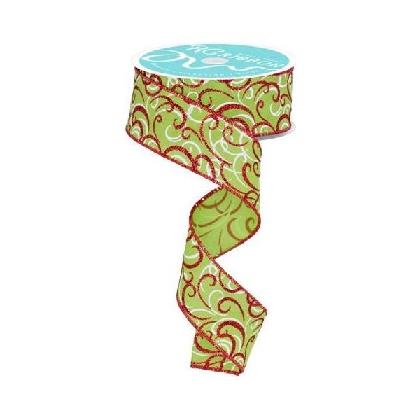 Shop For 1.5" Multi Swirls Glitter Ribbon: Lime Green/Red (10 Yard) at Michelle's aDOORable Creations