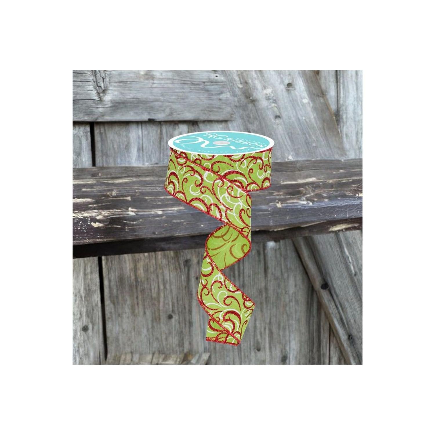 1.5" Multi Swirls Glitter Ribbon: Lime Green/Red (10 Yard)