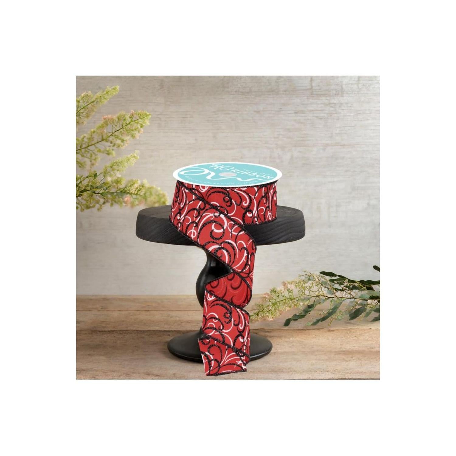 1.5" Multi Swirls Glitter Ribbon: Red/Black (10 Yard)