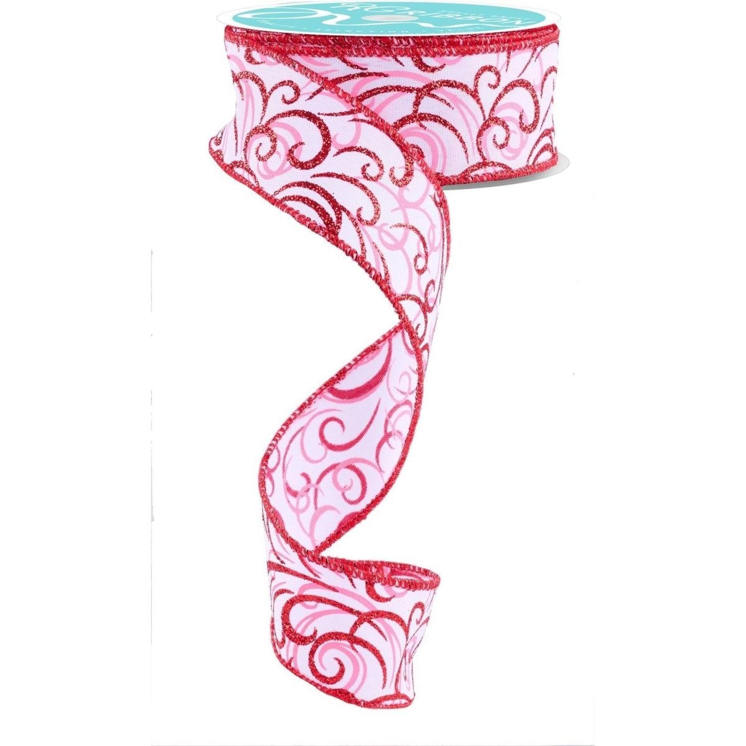 1.5" Multi Swirls Glitter Ribbon: White/Pink/Red (10 Yard)