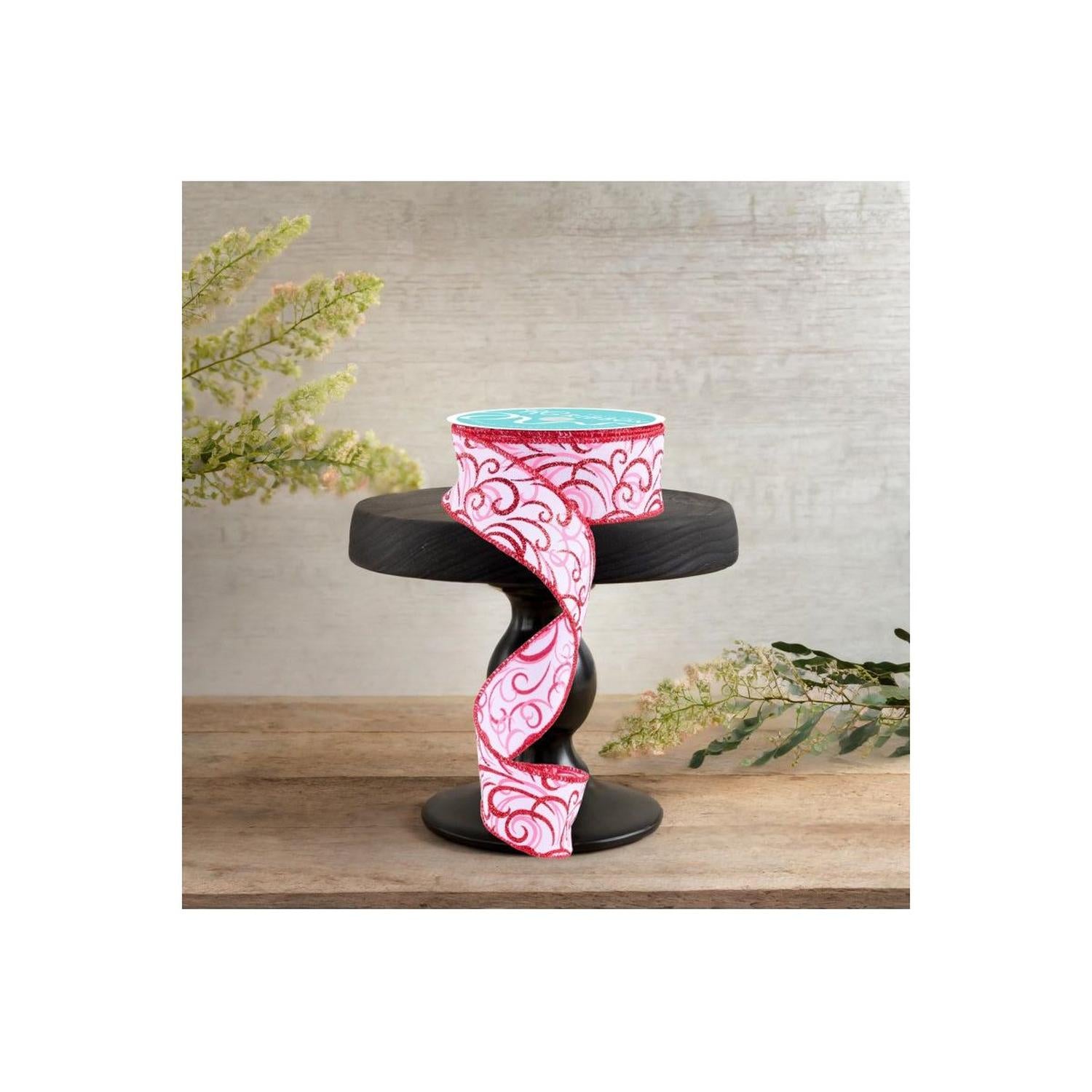 1.5" Multi Swirls Glitter Ribbon: White/Pink/Red (10 Yard)