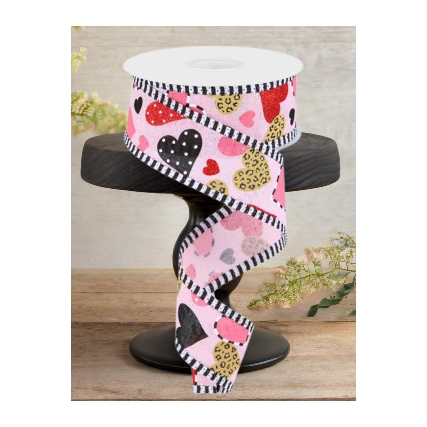 1.5" Multiple Pattern Hearts Stripe Ribbon: Pink (10 Yard)