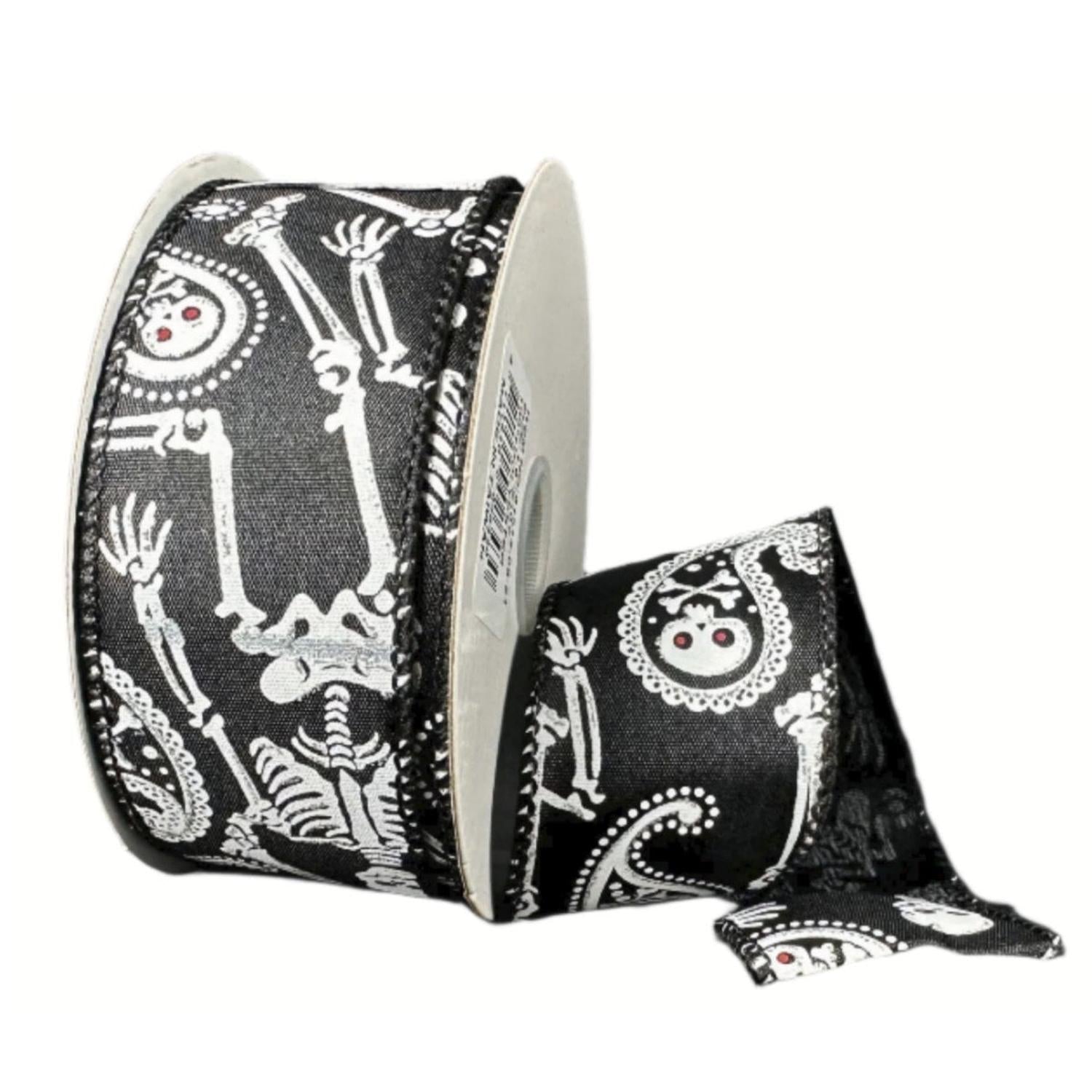 1.5" Paisley Skull Halloween Ribbon: Black (10 Yards)