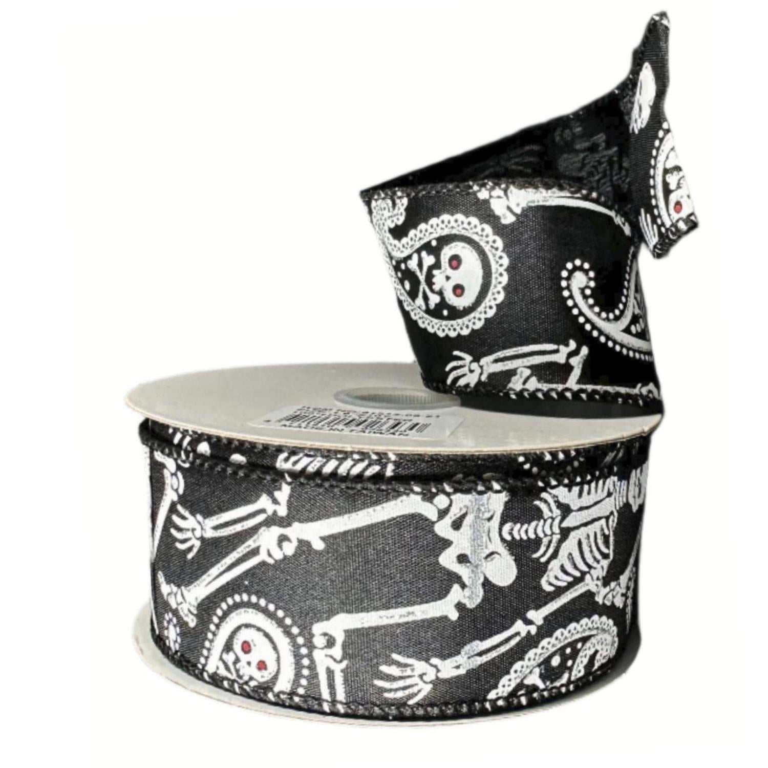 1.5" Paisley Skull Halloween Ribbon: Black (10 Yards)