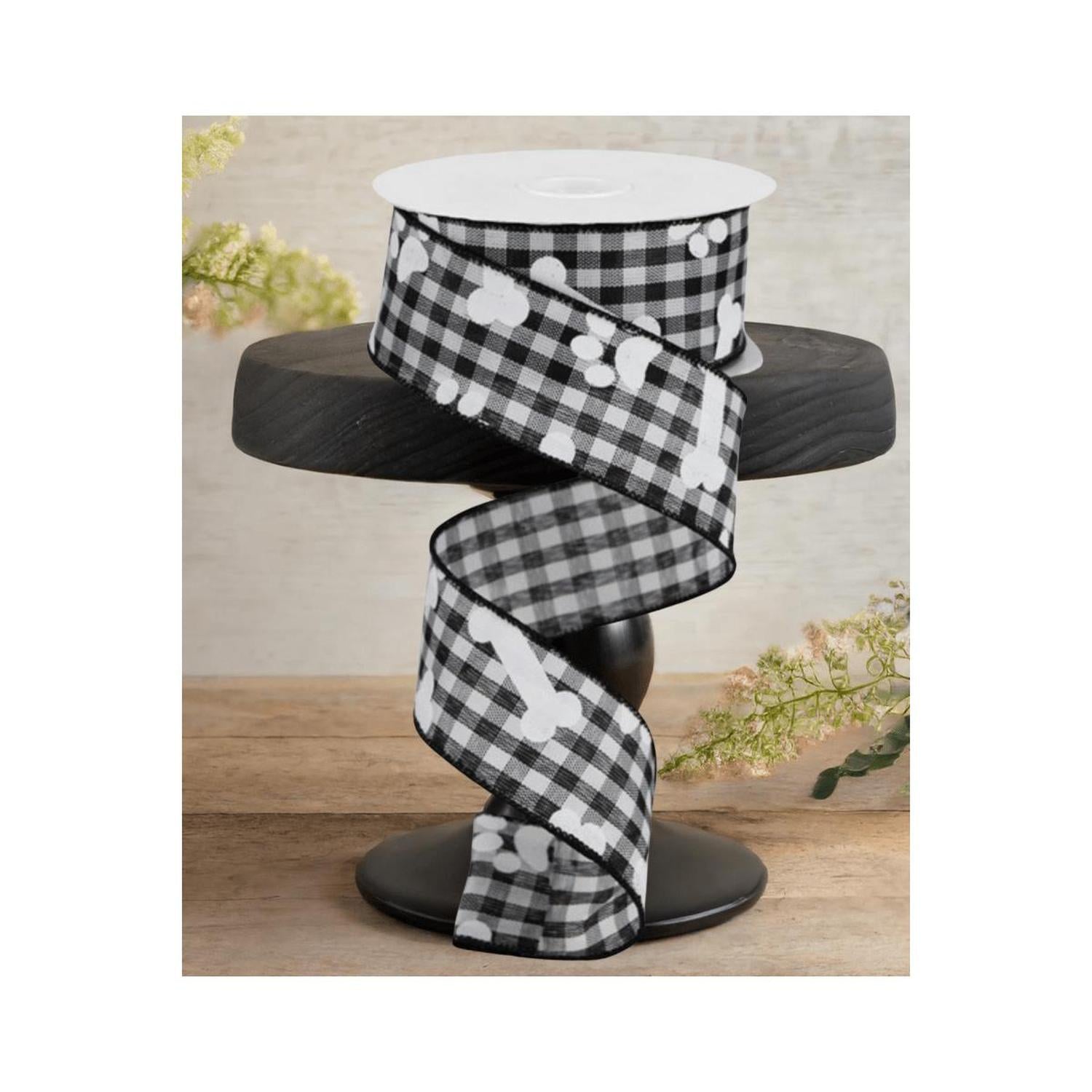Shop For 1.5" Paw Print Bone Check Ribbon: Black/White (10 Yards)
