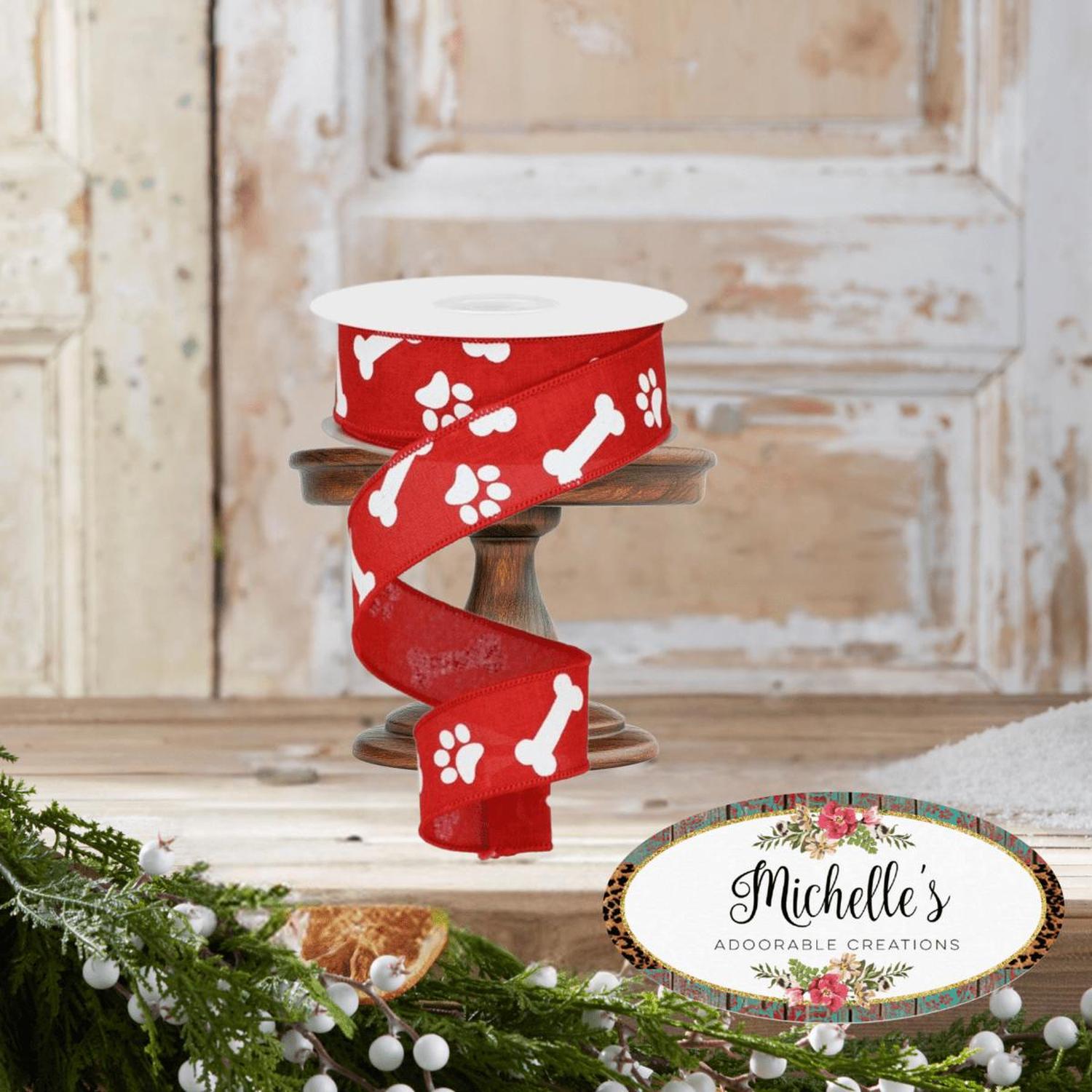 1.5" Paw Print Royal Ribbon: Red & White (10 Yards)