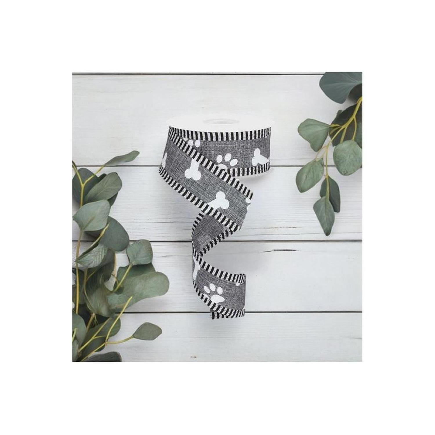 1.5" Paw Print Thin Stripes Ribbon: Grey (10 Yards)