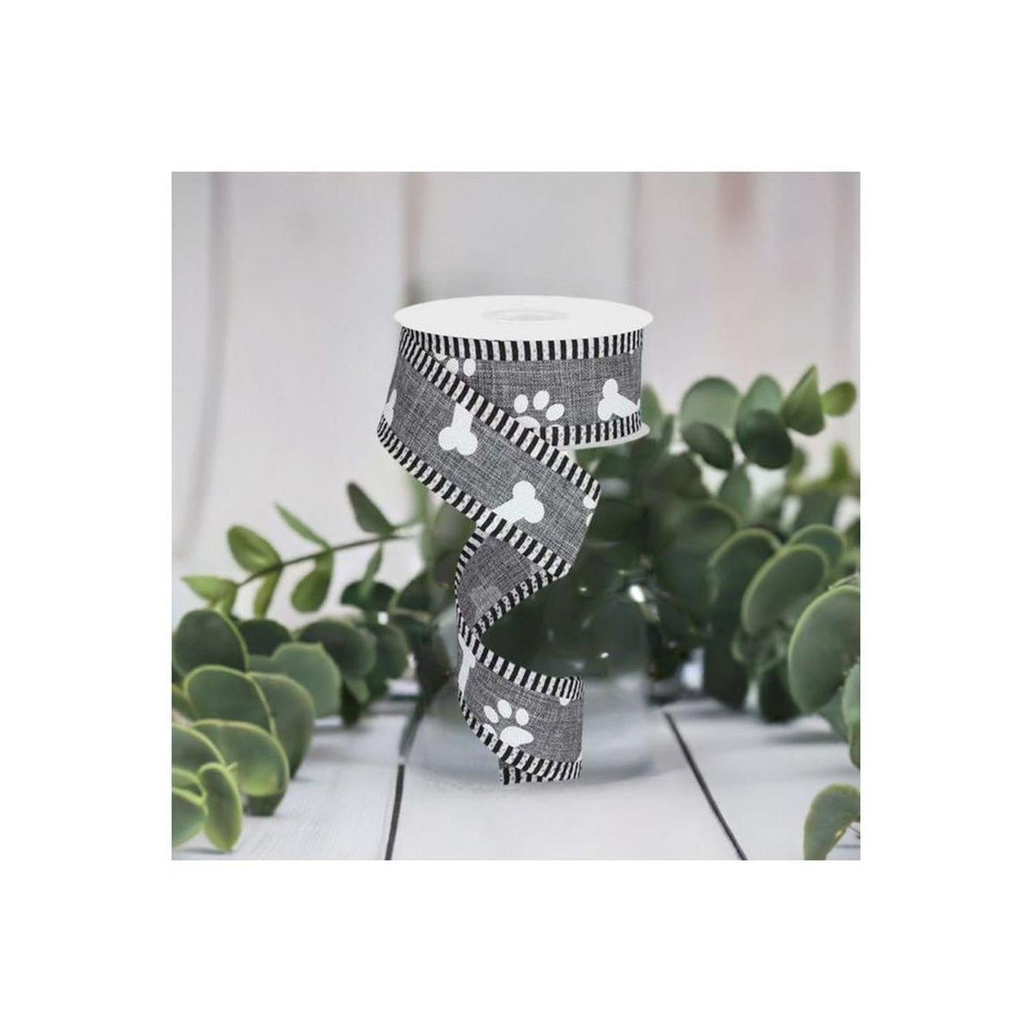 1.5" Paw Print Thin Stripes Ribbon: Grey (10 Yards)