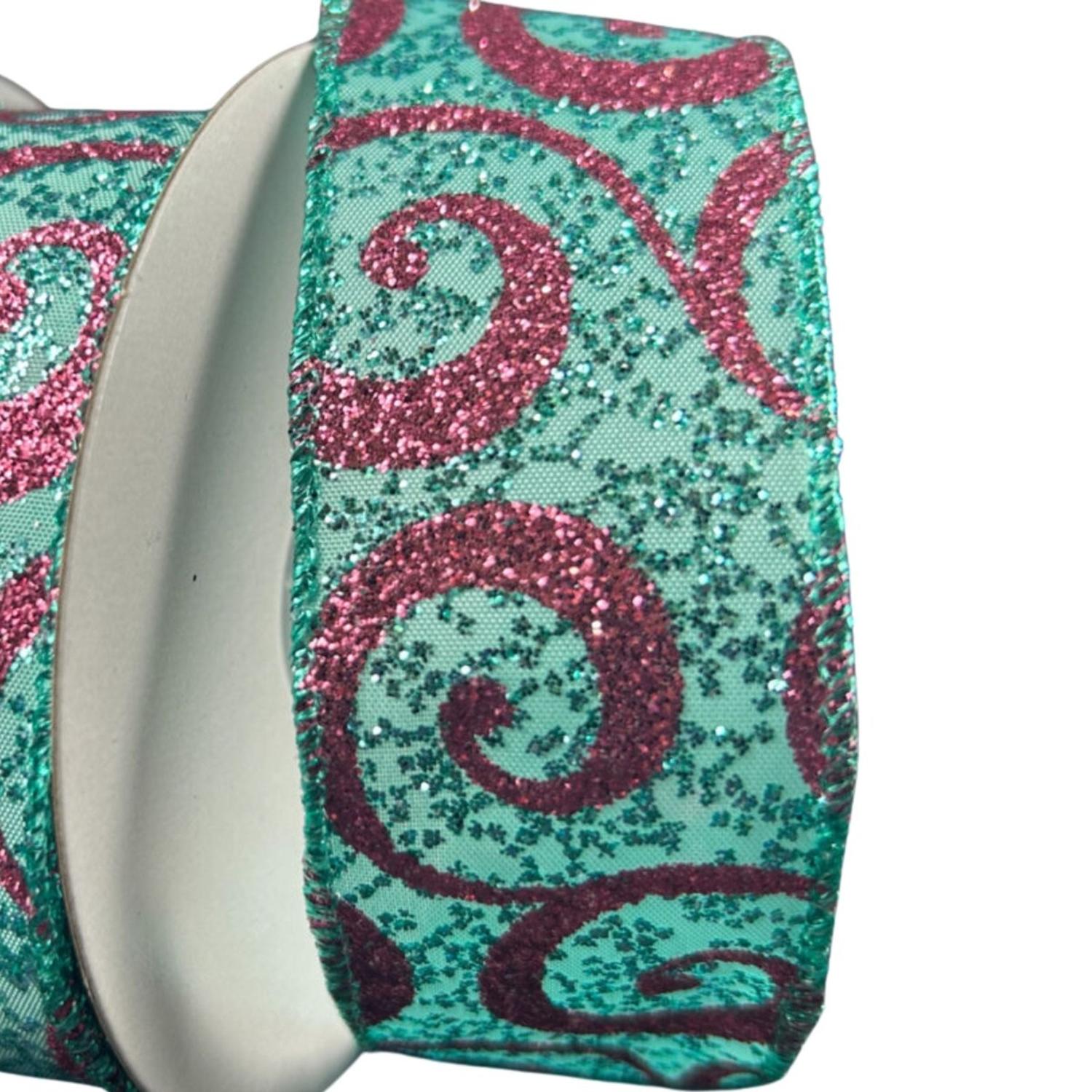 1.5" Pink Glitter Swirl Ribbon: Teal (10 Yards)
