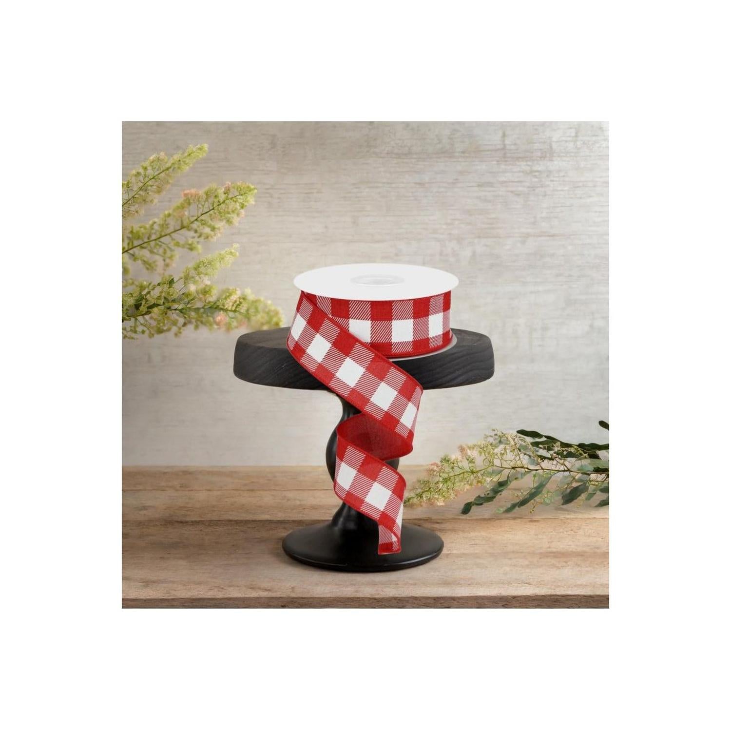 1.5" Plaid Check Ribbon: Red & White (10 Yards)
