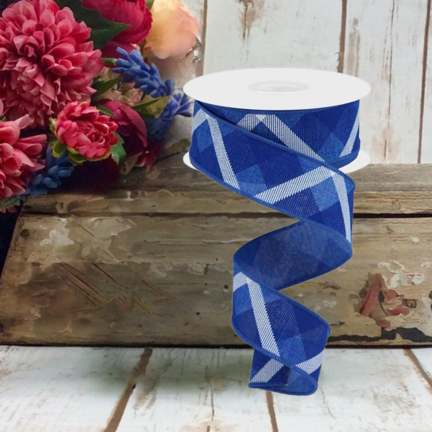 1.5" Plaid Ribbon: Royal Blue and White (10 Yard)