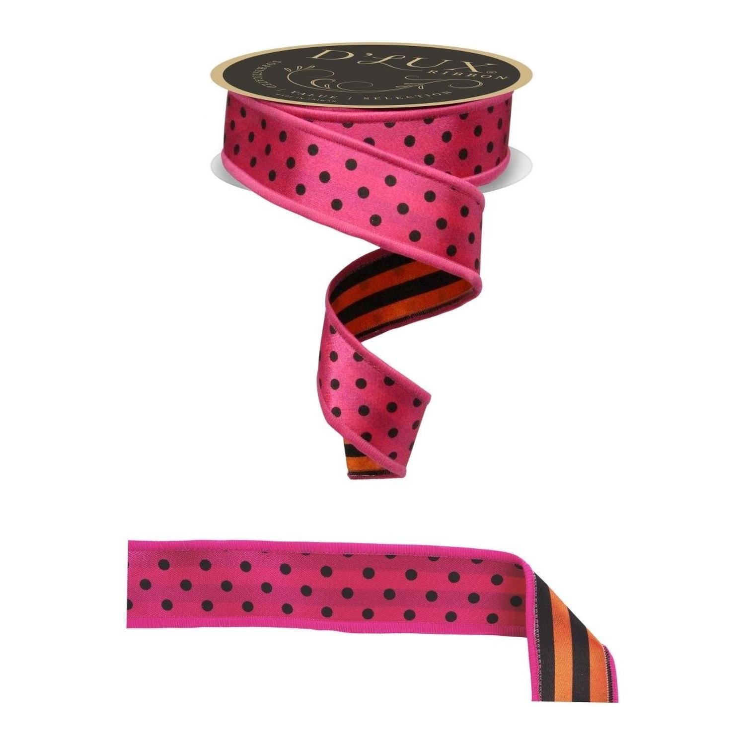 1.5" Polka Dot Striped Fused Ribbon: Hot Pink (10 Yards)