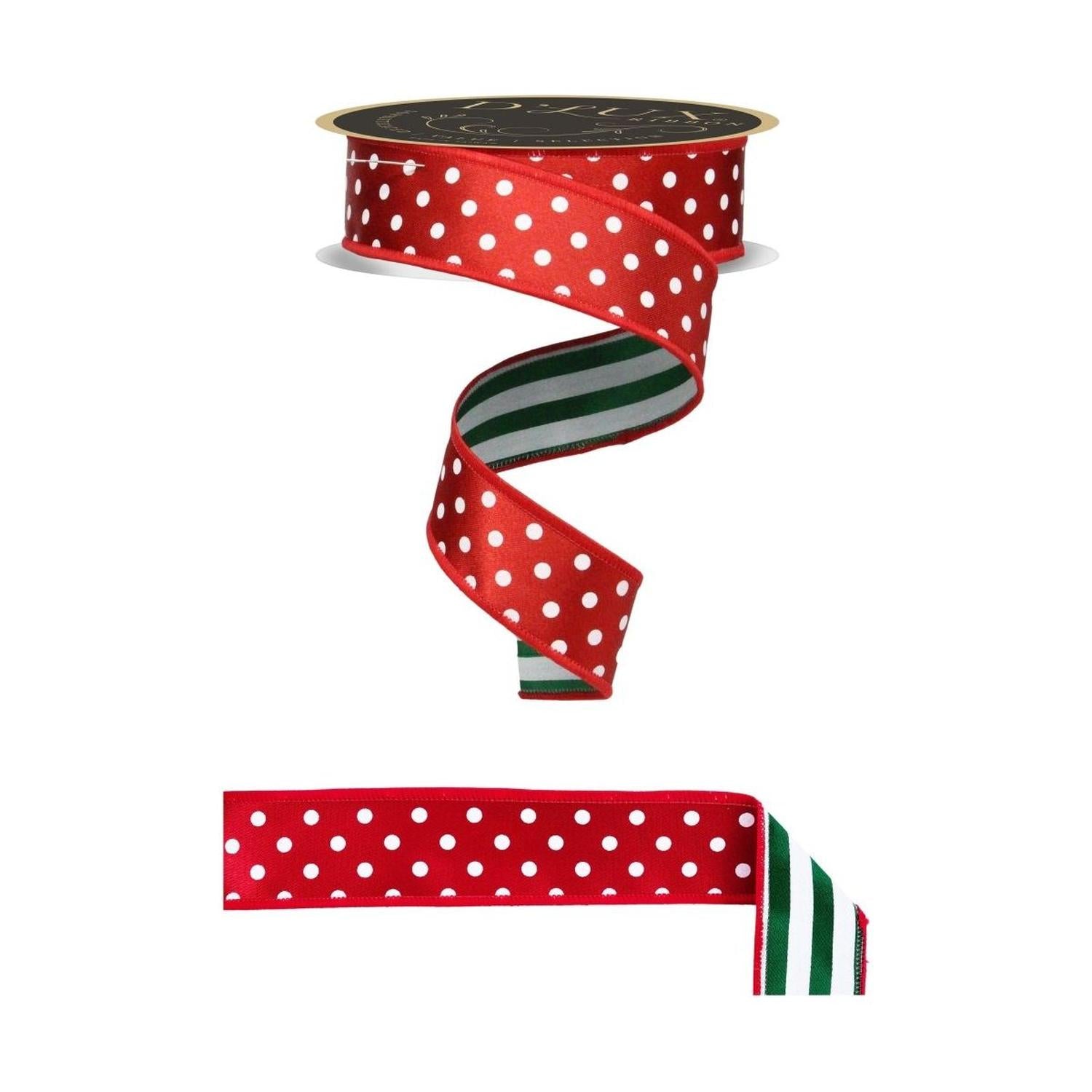 1.5" Polka Dot Striped Fused Ribbon: Red/Green/White (10 Yards)