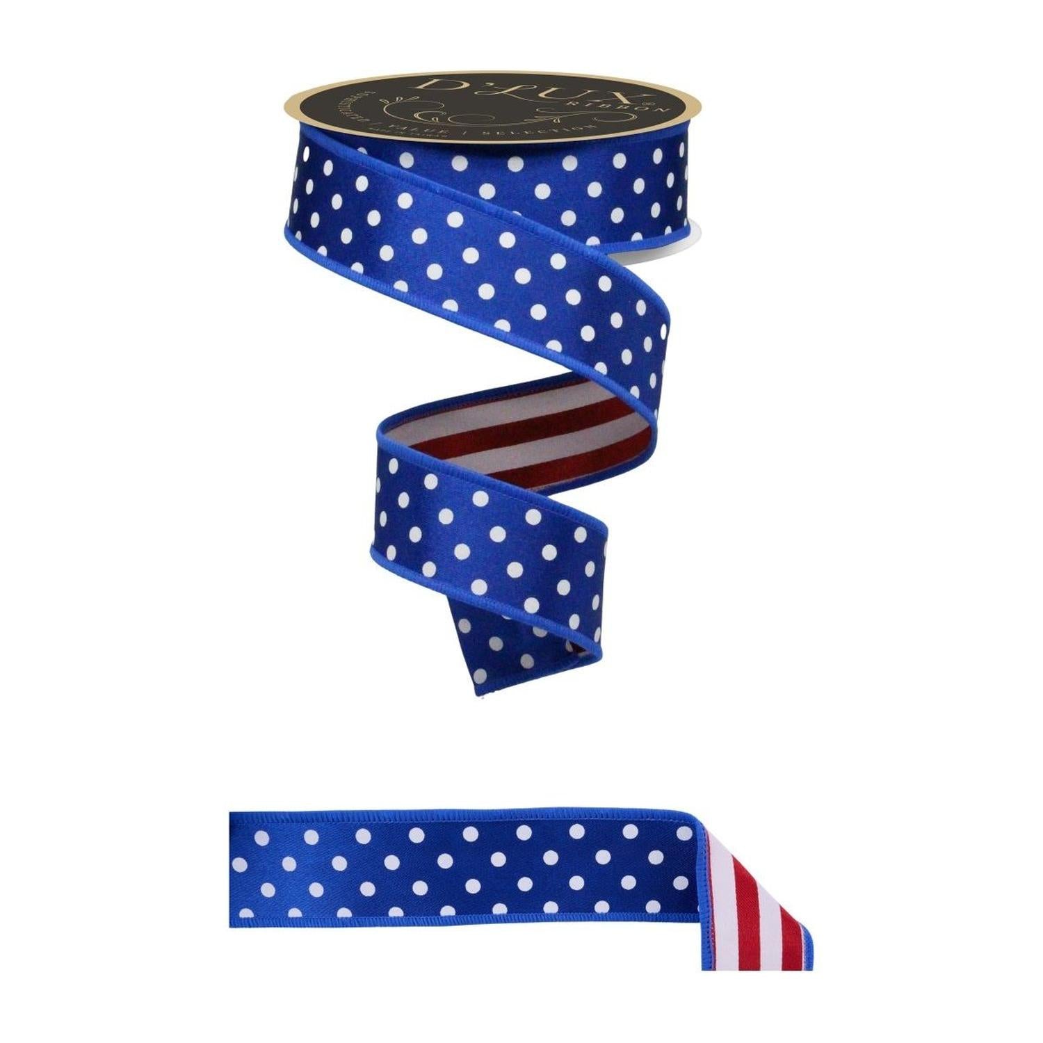 1.5" Polka Dot Striped Fused Ribbon: RWB (10 Yards)