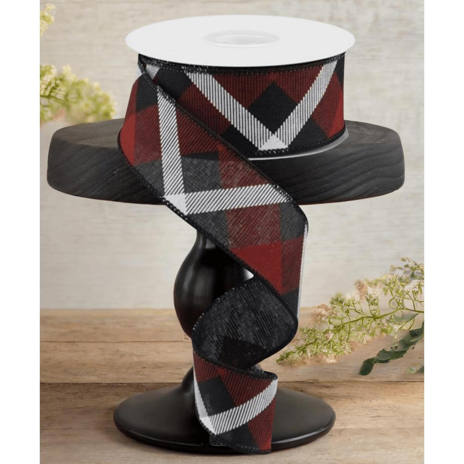 1.5" Printed Plaid Ribbon: Black, Red, White