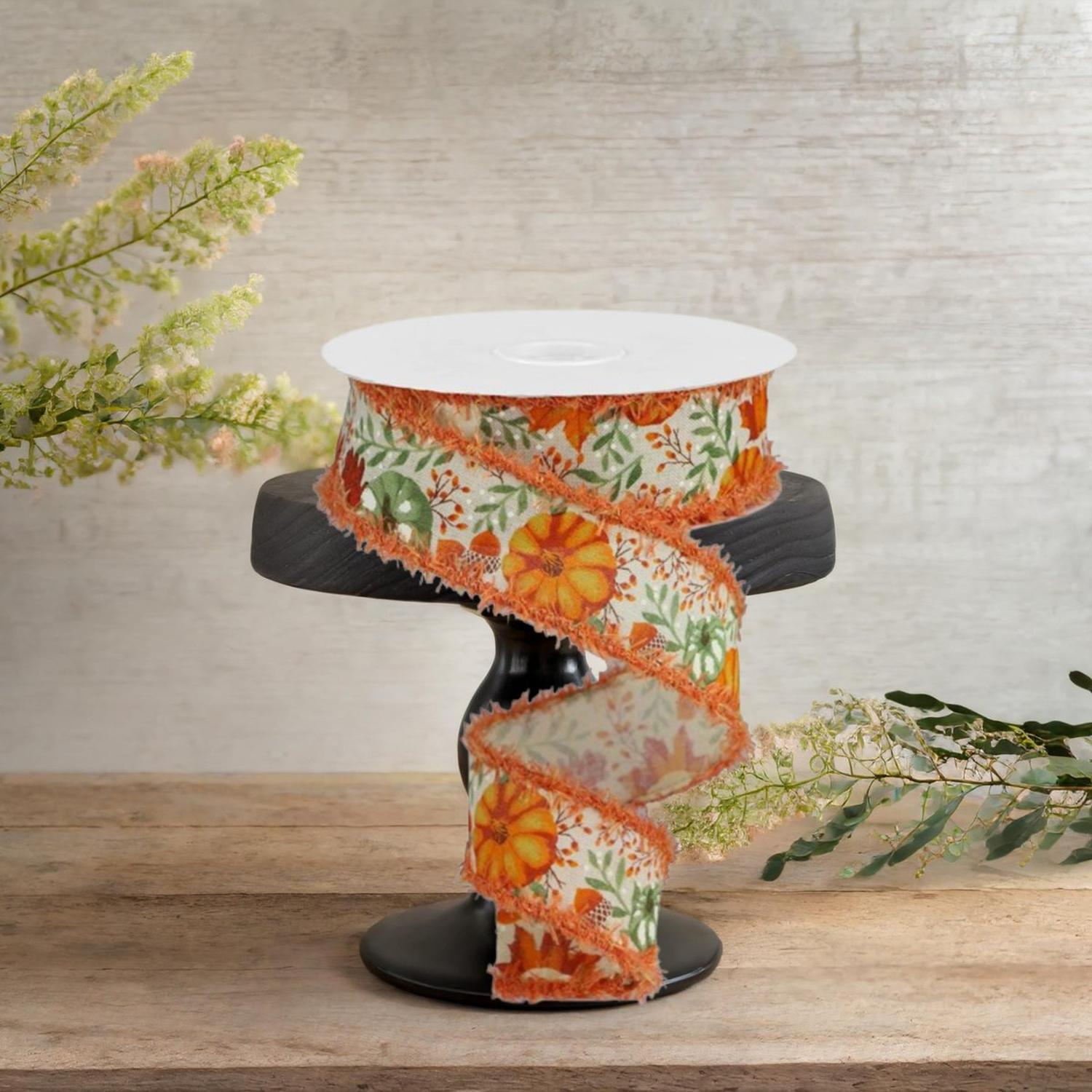 1.5" Pumpkin Foliage Drift Ribbon: Cream (10 Yards)