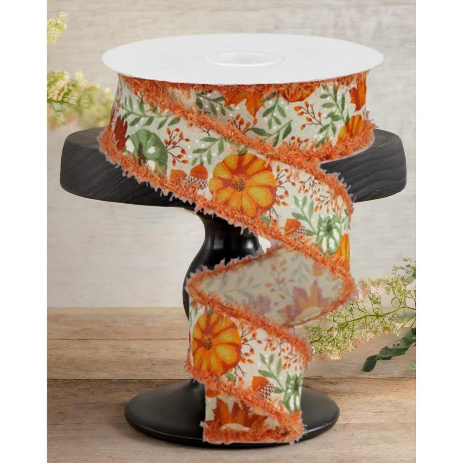1.5" Pumpkin Foliage Drift Ribbon: Cream (10 Yards)