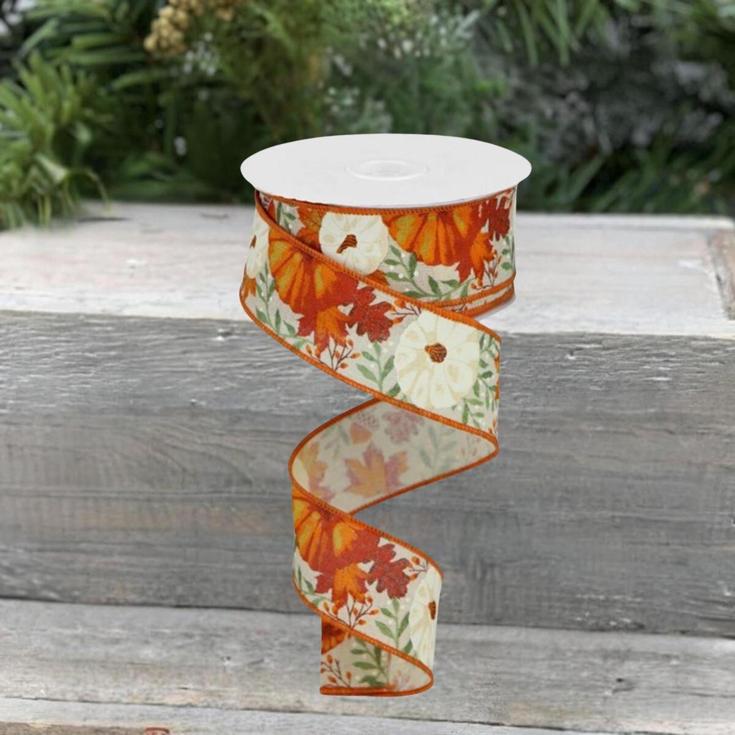 1.5" Pumpkin Foliage Ribbon: Cream (10 Yards)