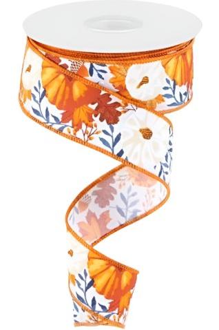 Shop For 1.5" Pumpkin Foliage Ribbon: White/Navy (10 Yards) at Michelle's aDOORable Creations