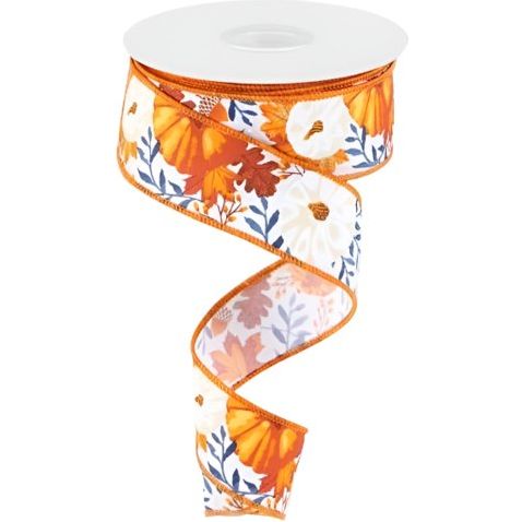 Shop For 1.5" Pumpkin Foliage Ribbon: White/Navy (10 Yards) at Michelle's aDOORable Creations