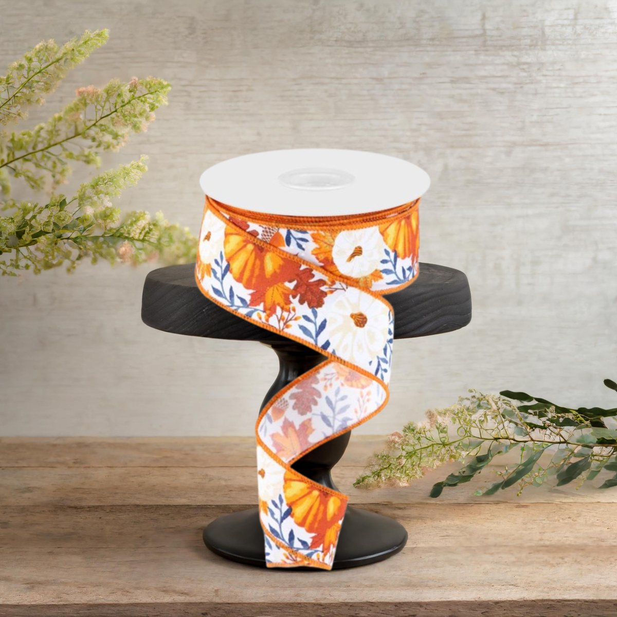 Shop For 1.5" Pumpkin Foliage Ribbon: White/Navy (10 Yards)