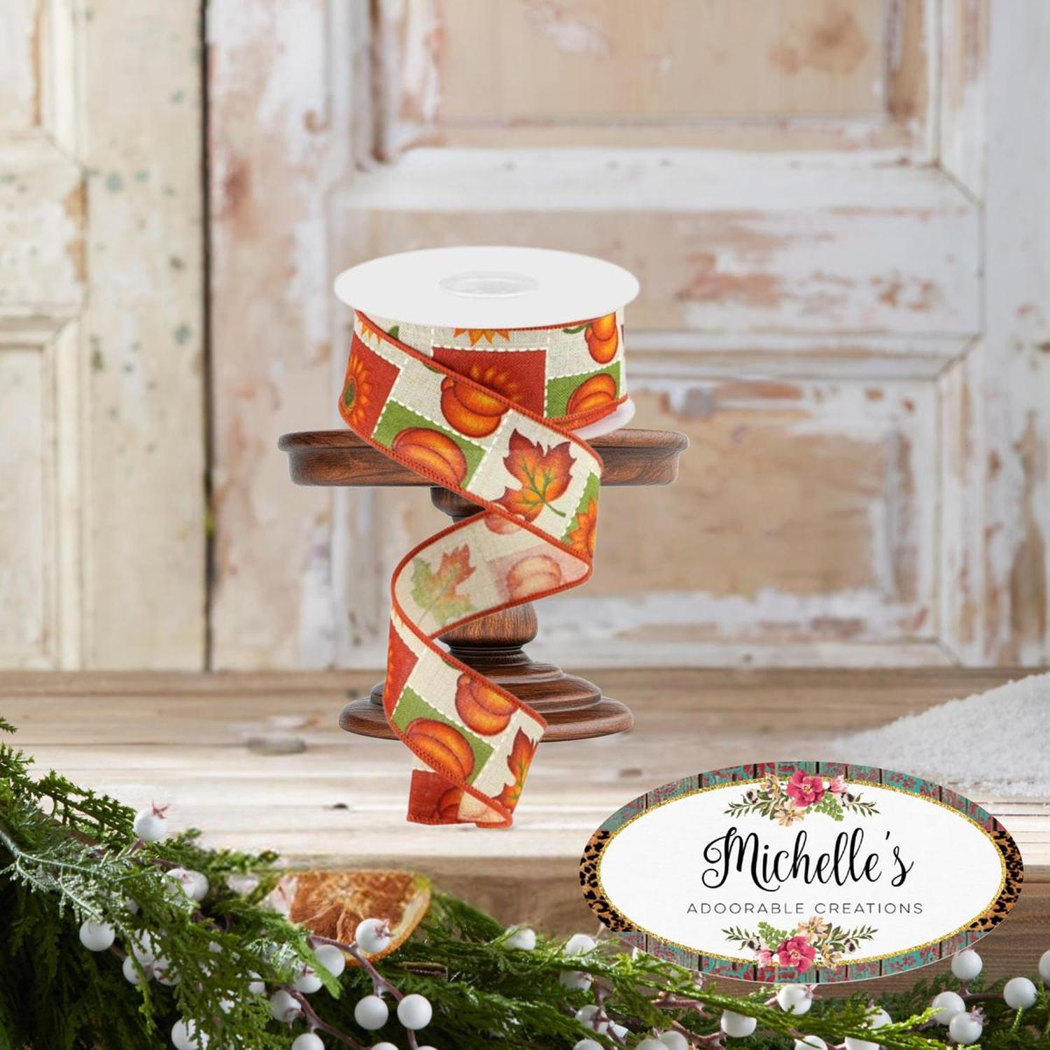 1.5" Pumpkin Sunflower and Maple Leaf Ribbon: Lt Natural (10 Yards)