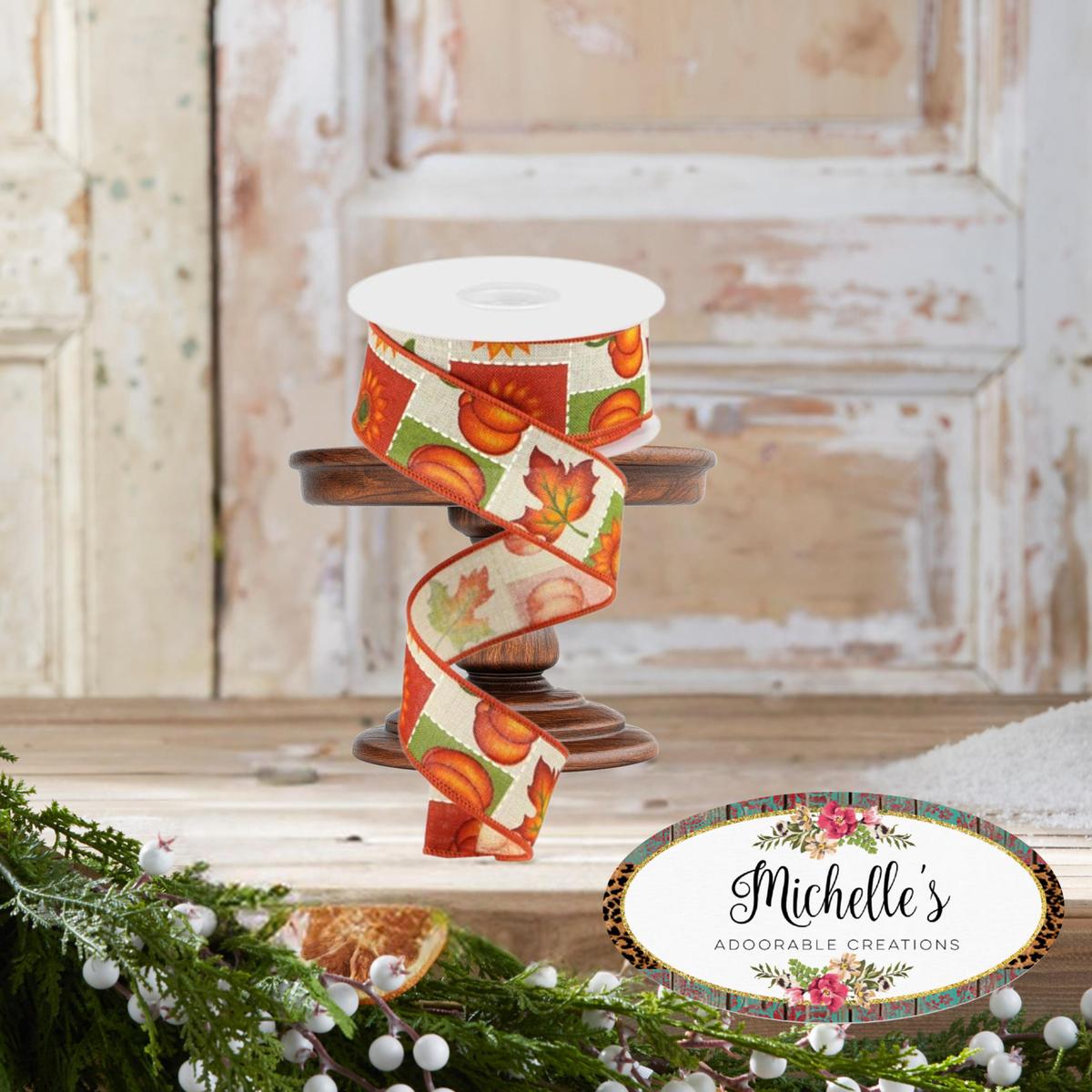 Shop For 1.5" Pumpkin Sunflower and Maple Leaf Ribbon: Lt Natural (10 Yards)