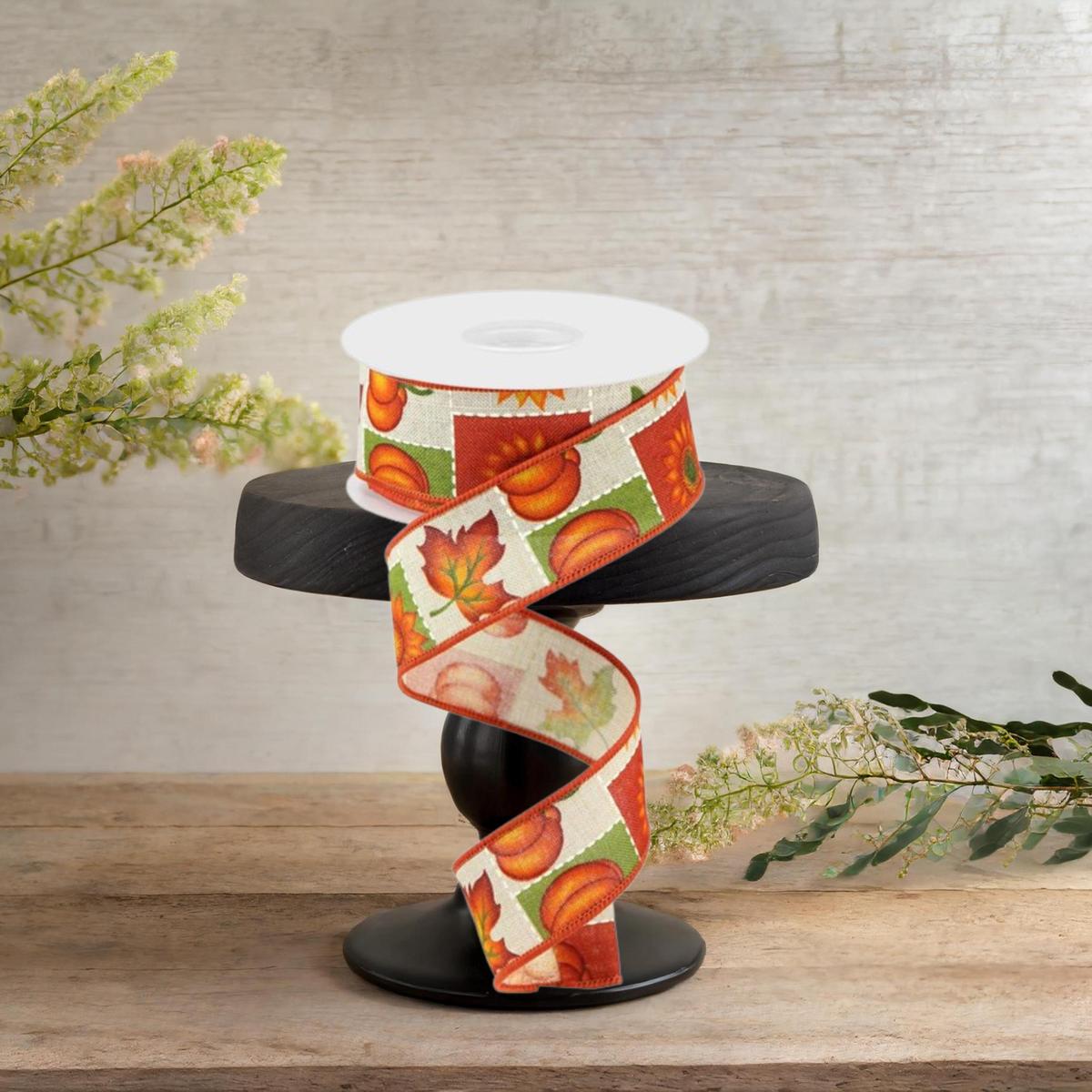 Shop For 1.5" Pumpkin Sunflower and Maple Leaf Ribbon: Lt Natural (10 Yards)