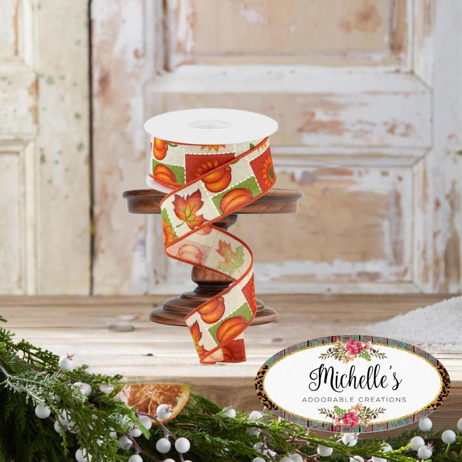 1.5" Pumpkin Sunflower and Maple Leaf Ribbon: Lt Natural (10 Yards)