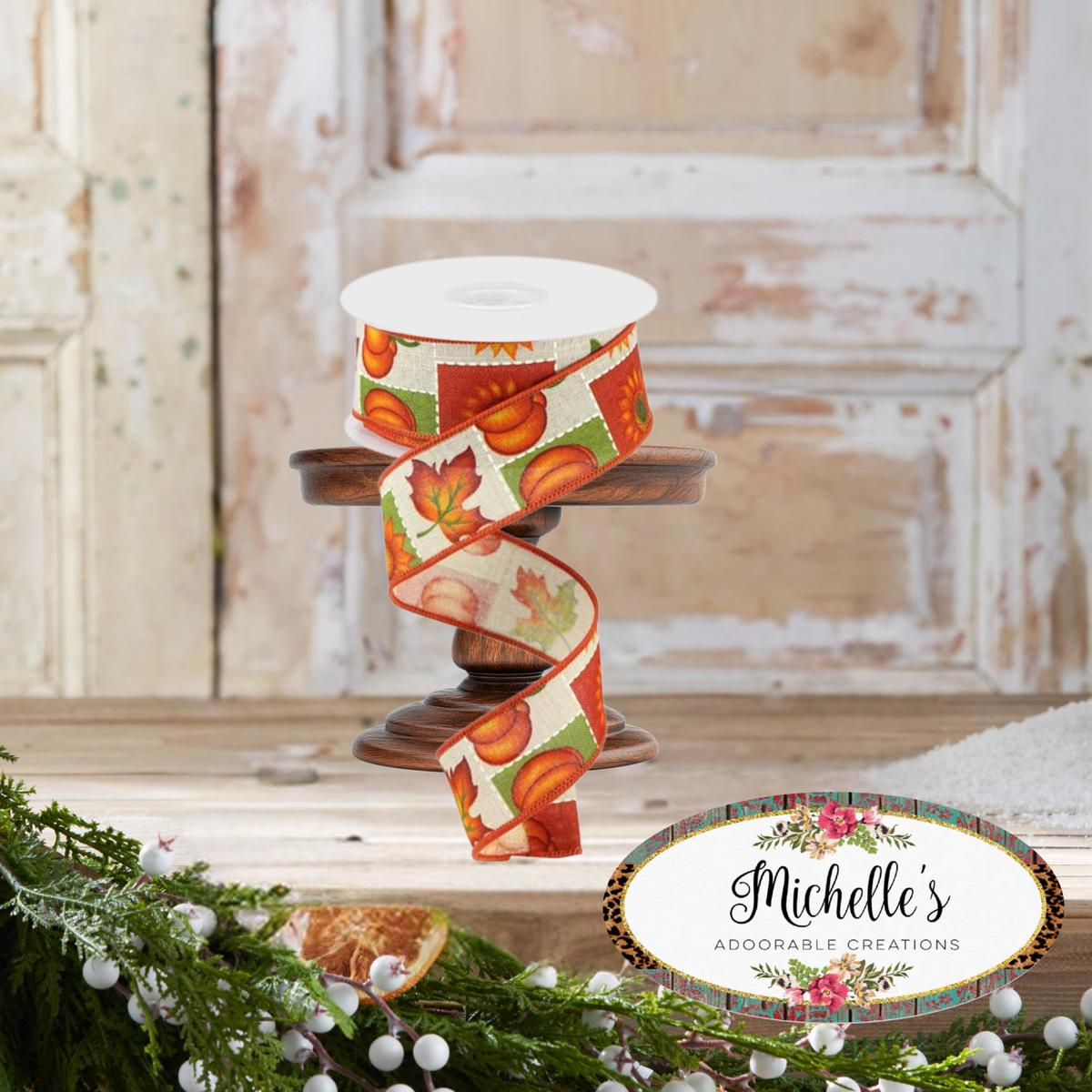 Shop For 1.5" Pumpkin Sunflower and Maple Leaf Ribbon: Lt Natural (10 Yards)