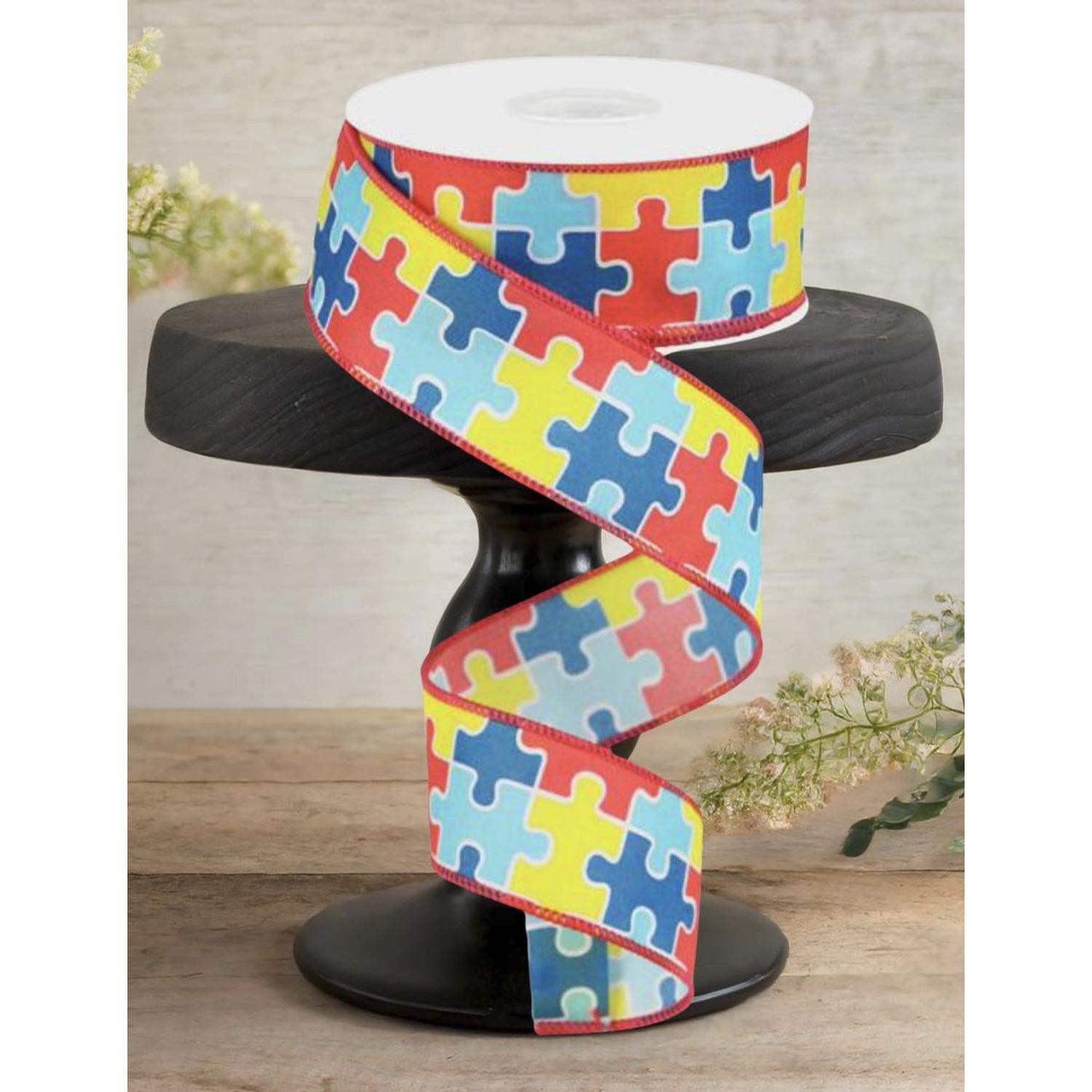 1.5" Puzzle Piece Ribbon: Autism Awareness (10 Yards)