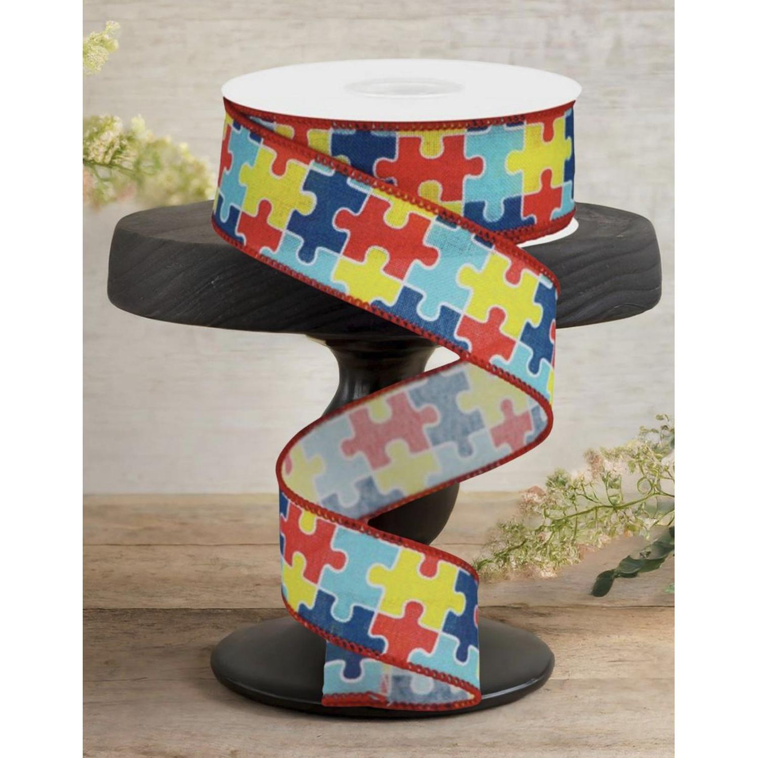 Shop For 1.5" Puzzle Piece Ribbon on Royal: Autism Awareness (10 Yards)